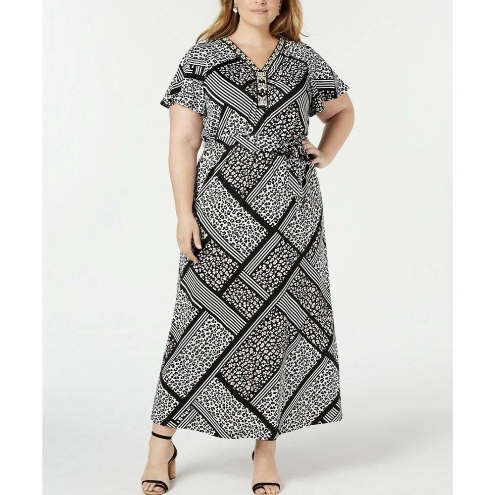 NY Collection Womens Short Sleeve Beaded V-Neck Maxi Dress Size 1XP Animal Print